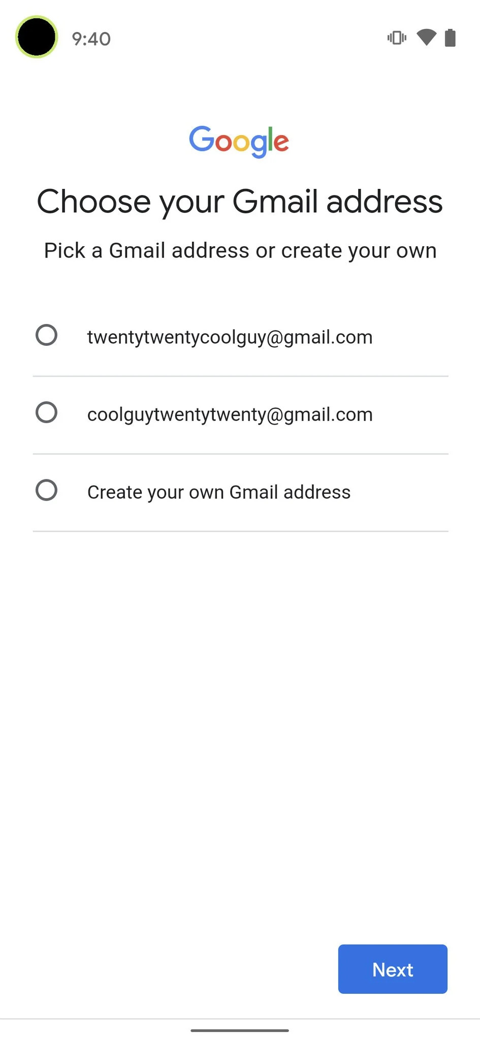 گزینه های اول و دوم پیشنهاد خود Gmail می باشد. گزینه سوم را بزنید و نام جیمیل خود را شخصی سازی کنید.