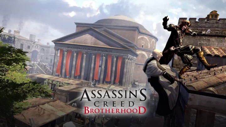 نقد و بررسی بازی Assassins Creed Brotherhood؛ تصویر شاخص با لوگوی رسمی بازی