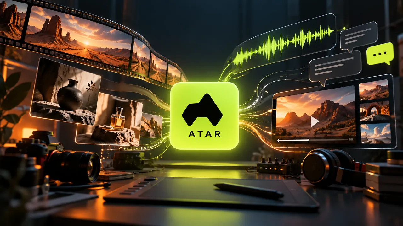 تصویر مفهومی استودیوی هوش مصنوعی آتار با نشان سبز برند، قاب‌های ویدئو، دوربین و موج صدا