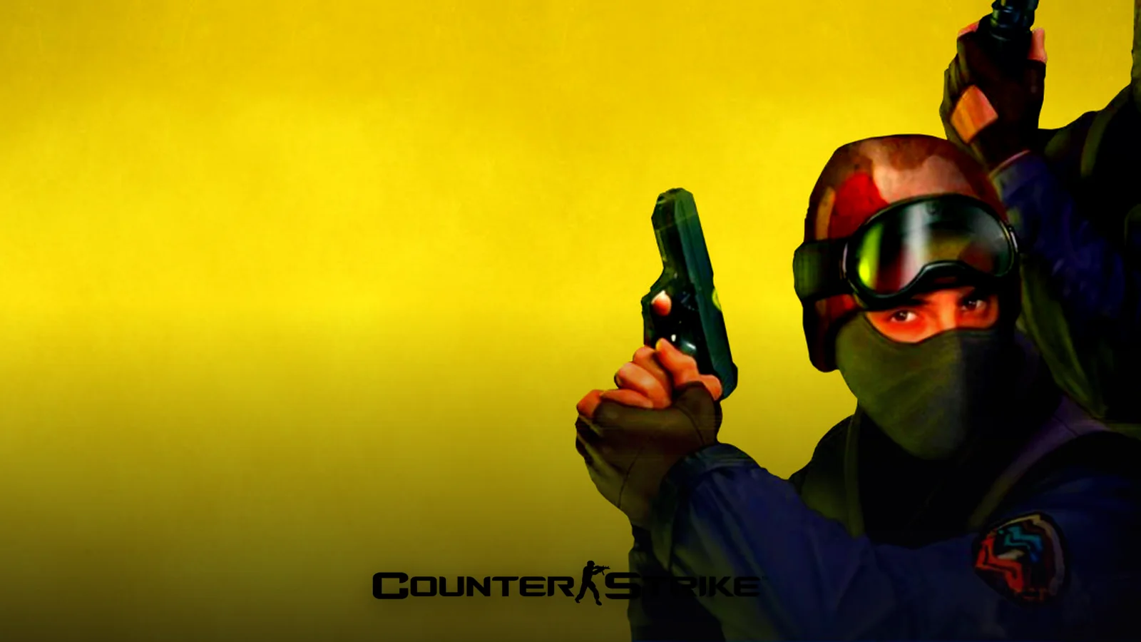 بازی Counter Strike سرباز ماسکدار با کلت روی زمینه زرد بازی کانتر استرایک