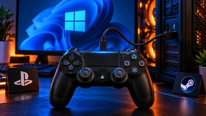 تصویر مفهومی دسته DualShock 4 متصل به کامپیوتر، با نمادهای ویندوز و پلی استیشن