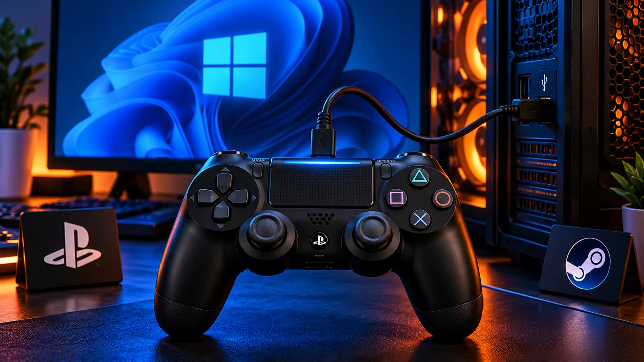 تصویر مفهومی دسته DualShock 4 متصل به کامپیوتر، با نمادهای ویندوز و پلی استیشن