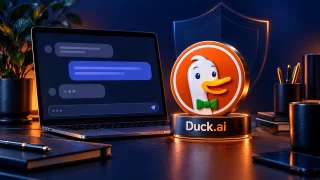 تصویر مفهومی نماد DuckDuckGo کنار لپ‌تاپ با محیط گفت‌وگوی هوش مصنوعی