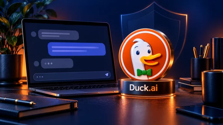 تصویر مفهومی نماد DuckDuckGo کنار لپ‌تاپ با محیط گفت‌وگوی هوش مصنوعی