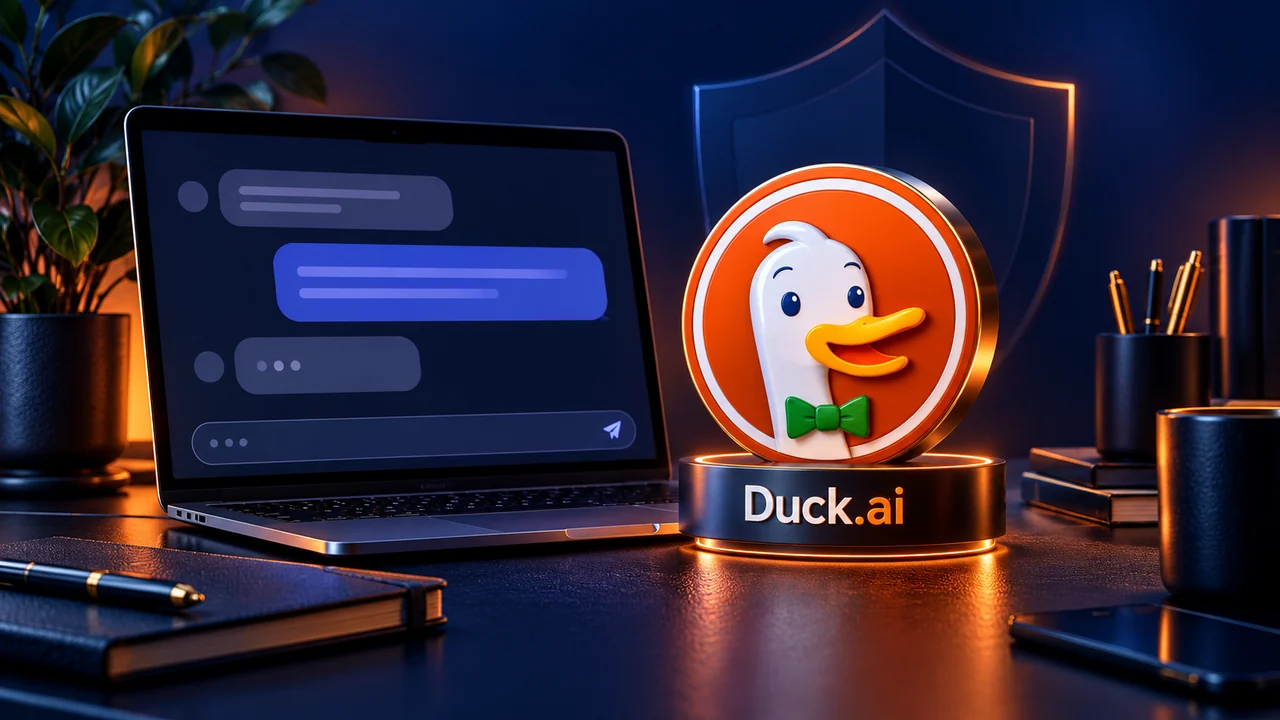 تصویر مفهومی نماد DuckDuckGo کنار لپتاپ با محیط گفتوگوی هوش مصنوعی
