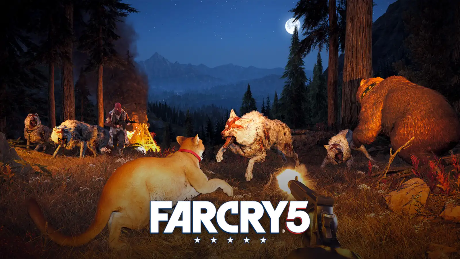 حیوانات وحشی دور آتش در جنگل شبانه پوستر Far Cry 5