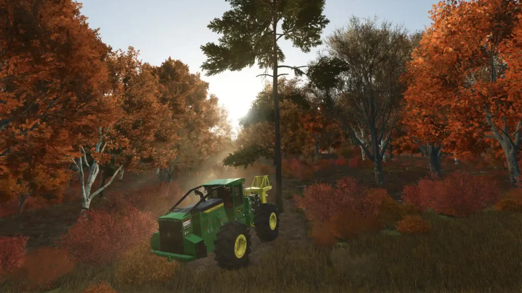 تراکتور سبز در جنگل پاییزی در بازی Farming Simulator 25