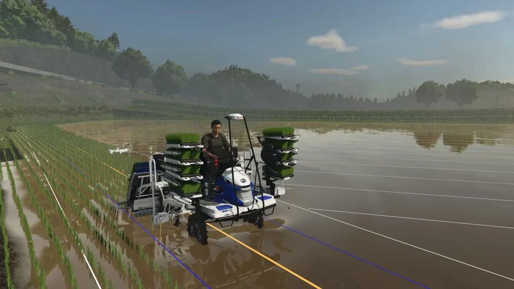 ماشین نشاکار برنج در شالیزار آبی در بازی Farming Simulator 25