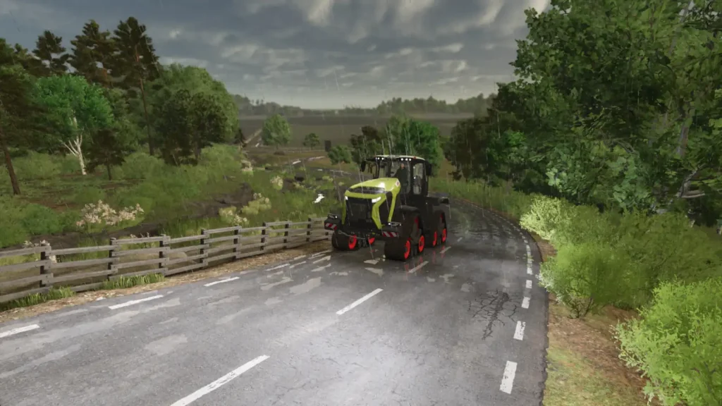 تراکتور CLAAS در جاده آسفالته روستایی در بازی Farming Simulator 25