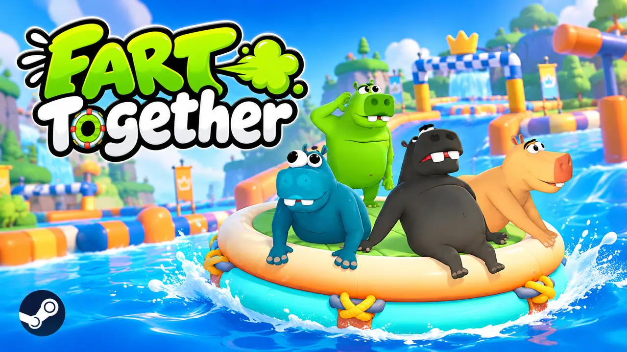 تصویرسازی چهار اسب آبی رنگی روی قایق بادی در مسیر آبی Fart Together، کنار لوگوی بازی و نشان استیم