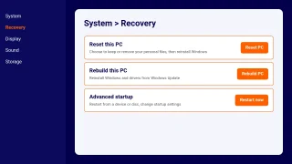 صفحهٔ Recovery در تنظیمات ویندوز ۱۱ با گزینه‌های Reset this PC و Rebuild this PC
