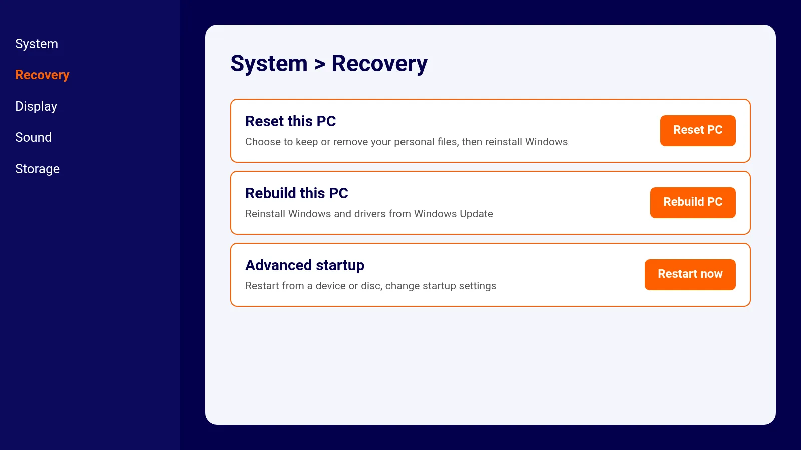 صفحهٔ Recovery در تنظیمات ویندوز ۱۱ با گزینههای Reset this PC و Rebuild this PC