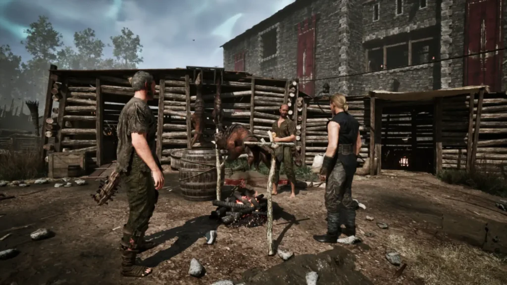 زندانیان کنار کلبههای چوبی اردوگاه در Gothic ۱ Remake