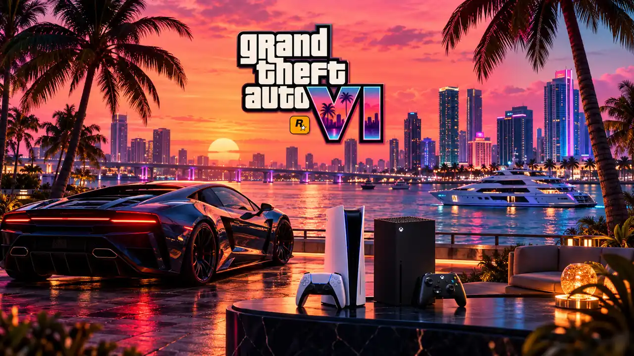 تصویر مفهومی GTA VI با نمای شهر ساحلی، خودروی اسپرت و کنسول‌های پلی استیشن ۵ و Xbox