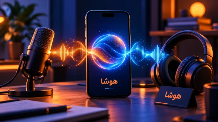 تصویر مفهومی مکالمهٔ صوتی هوشا لایو با گوشی، میکروفون، هدفون و موج‌های صدا