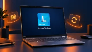 تصویر مفهومی لپ‌تاپ لنوو با لوگوی Lenovo Vantage روی نمایشگر و نمادهای باتری و به‌روزرسانی