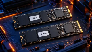 تصویرسازی دو ماژول SSD با فرم M.2 و برچسب‌های SATA و NVMe روی زمینهٔ مادربرد با نور نارنجی و سورمه‌ای