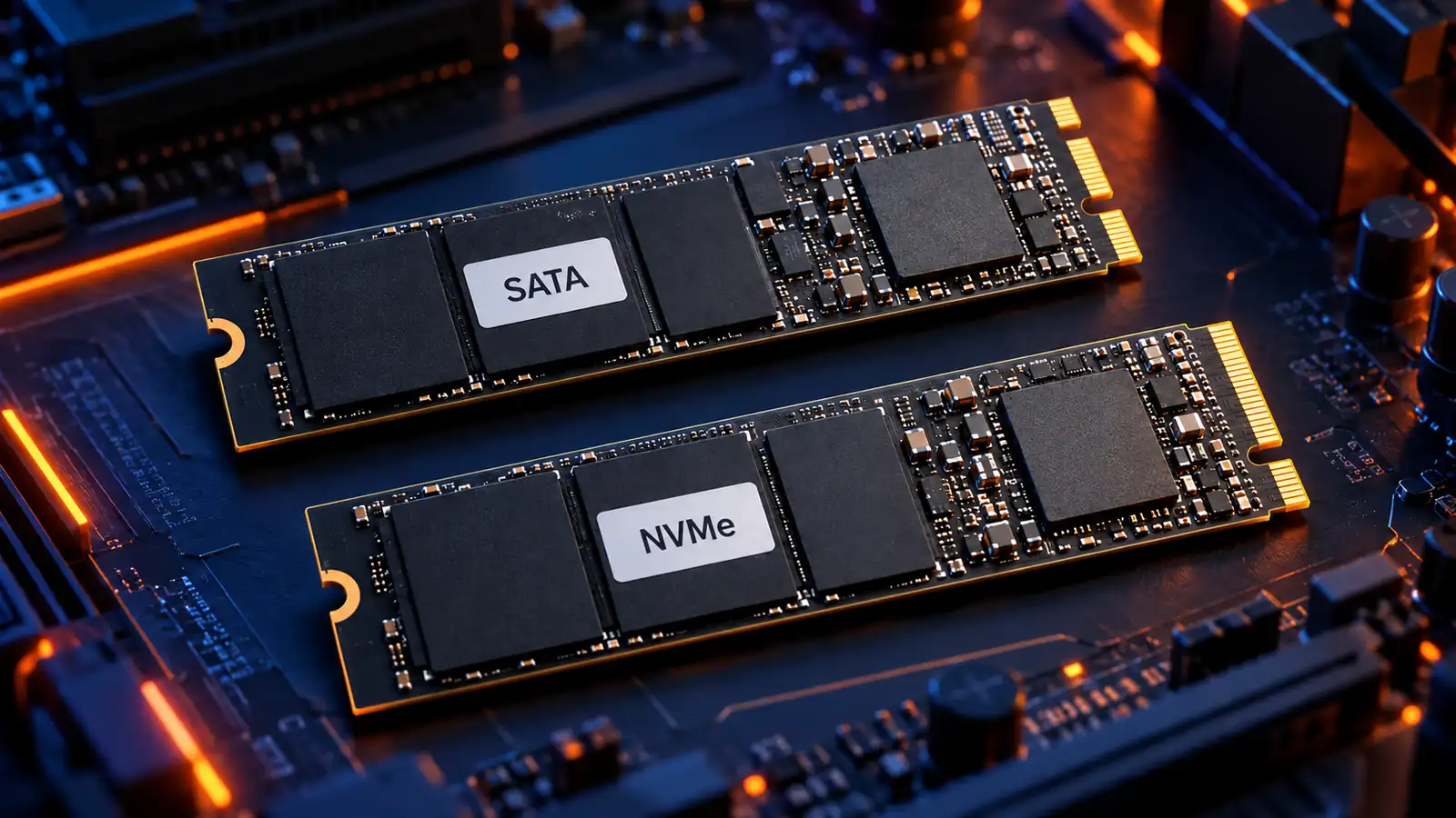 تصویرسازی دو ماژول SSD با فرم M.2 و برچسب‌های SATA و NVMe روی زمینهٔ مادربرد با نور نارنجی و سورمه‌ای