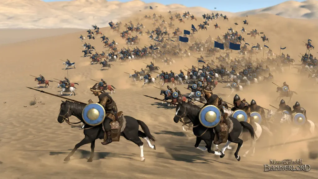 هجوم سواره‌نظام با سپرهای گرد در صحرای بازی Mount & Blade II: Bannerlord