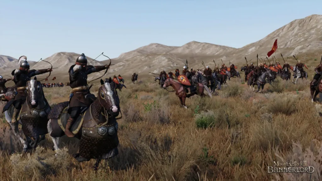 کمانداران سواره در حال تیراندازی وسط نبرد در Mount & Blade II: Bannerlord