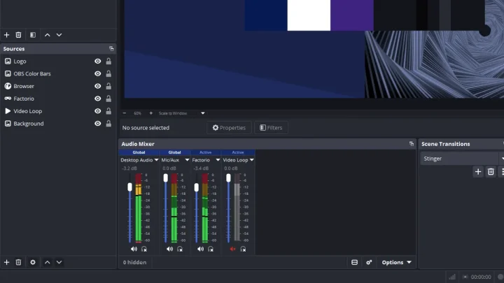 بخش منابع و میکسر صدای OBS Studio در ویندوز با نوار صدای دسکتاپ و میکروفون