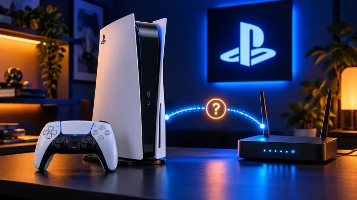 تصویر مفهومی کنسول PS5 و دسته DualSense کنار روتر با نماد پلی استیشن