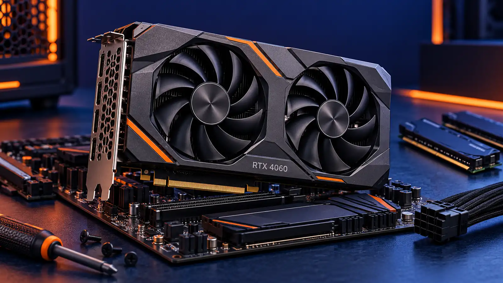 تصویرسازی مفهومی کارت گرافیک دو فن RTX 4060 روی میز قطعات کامپیوتر