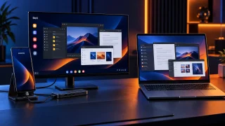 تصویر مفهومی گوشی سامسونگ متصل به مانیتور با هاب USB-C، صفحه‌کلید و ماوس برای DeX