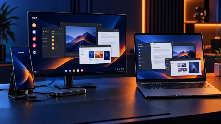 تصویر مفهومی گوشی سامسونگ متصل به مانیتور با هاب USB-C، صفحه‌کلید و ماوس برای DeX