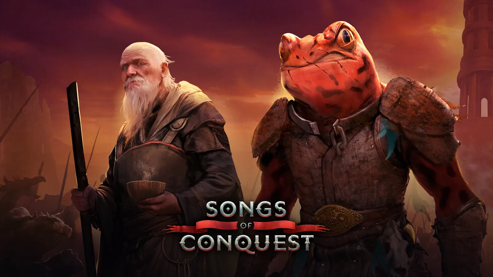 قهرمانان بازی Songs of Conquest؛ جادوگر پیر و جنگجوی قورباغه‌ای زره‌پوش در برابر برج قلعه