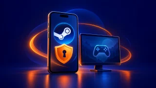 تصویرسازی Steam Mobile روی گوشی با سپر امنیت و نمایشگر دارای نماد بازی