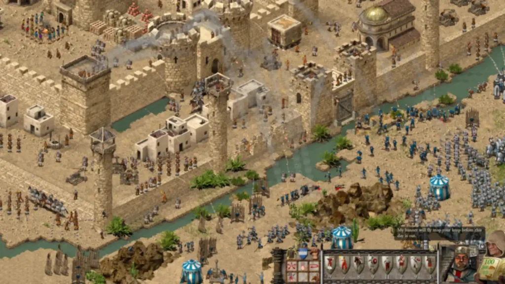 محاصره شهر حصاردار کنار رودخانه در بازی Stronghold Crusader: Definitive Edition