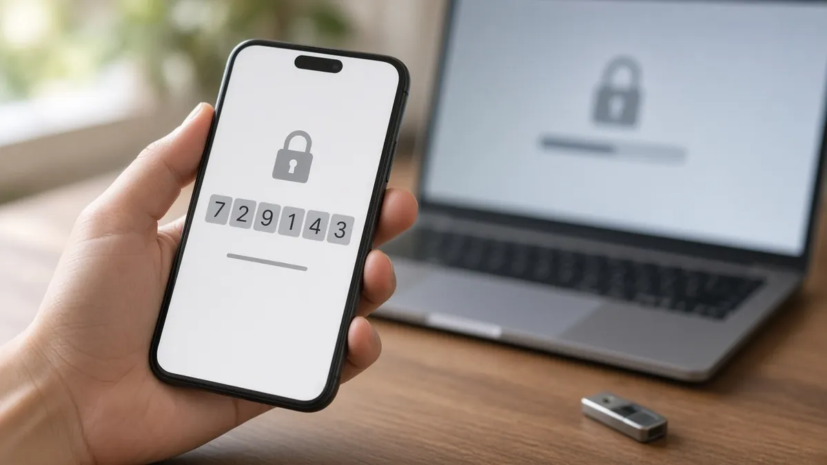 دستی که گوشی هوشمند با کد ششرقمی و آیکون قفل را نگه داشته، لپتاپ و یک کلید امنیتی USB روی میز چوبی در پسزمینه