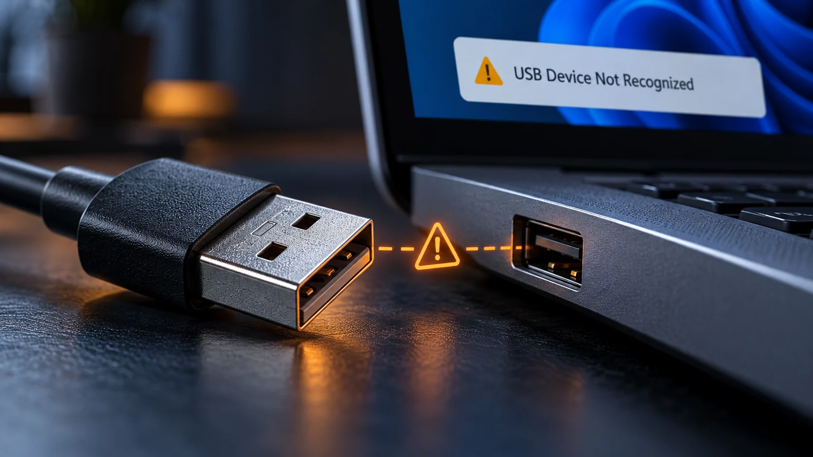 کابل USB کنار پورت لپ‌تاپ با پیام USB Device Not Recognized روی صفحه