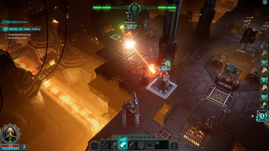 نبرد تاکتیکی در راهروی صنعتی با نور نارنجی در بازی Warhammer 40,000: Mechanicus II