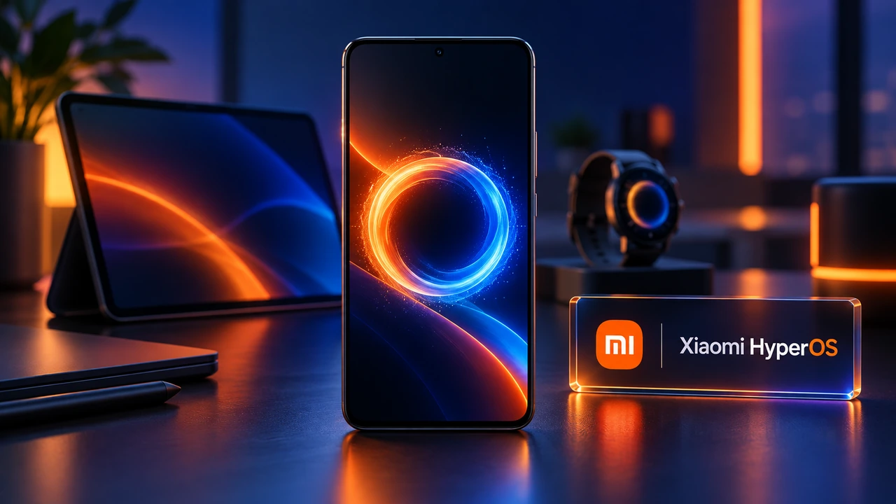 تصویر مفهومی گوشی، تبلت و ساعت هوشمند کنار نشان شیائومی و Xiaomi HyperOS