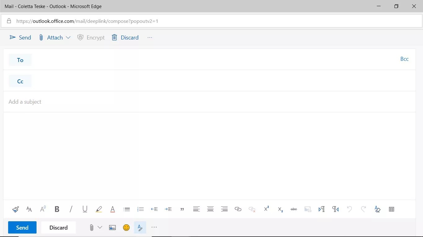 صفحه نوشتن ایمیل در Outlook وب