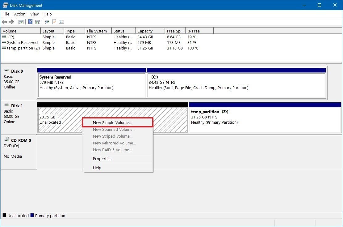 ساخت پارتیشن تازه روی فضای Unallocated