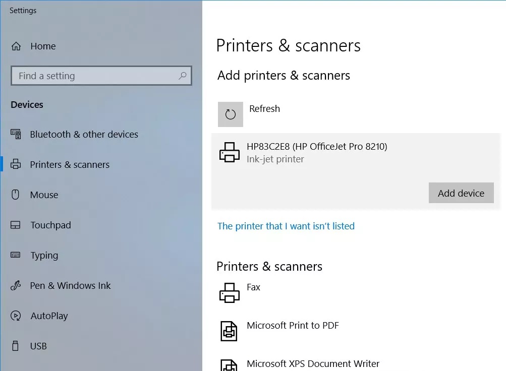 دکمه Add device برای افزودن پرینتر HP