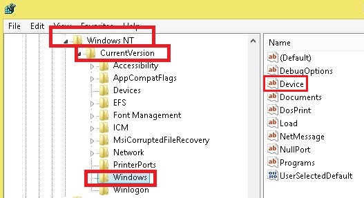 کلید Windows و مقدار Device در رجیستری