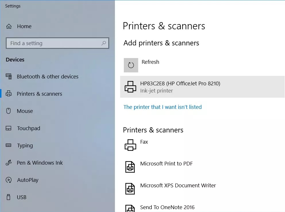پرینتر HP OfficeJet پیدا شده در فهرست دستگاه‌ها