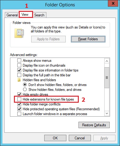 برداشتن تیک Hide extensions در Folder Options