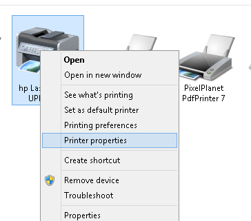 گزینه Printer properties در منوی پرینتر