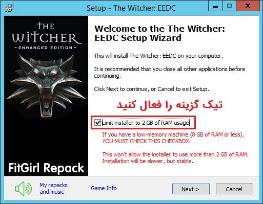 تیک محدودیت رم در نصب ریپک FitGirl بازی The Witcher