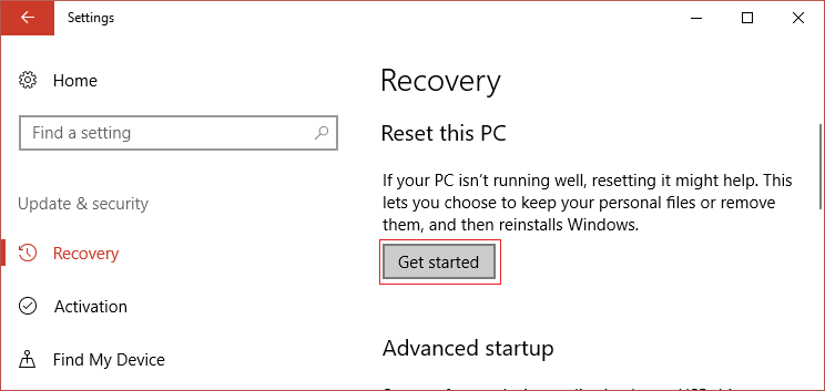 دکمه Get started در بخش Reset this PC