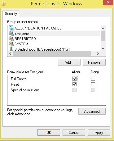 دادن Full Control در Permissions for Windows