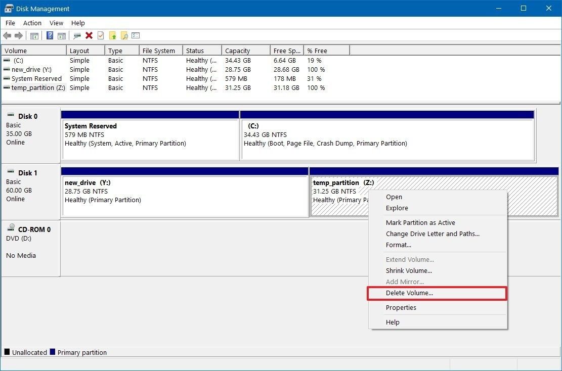 حذف پارتیشن موقت در Disk Management