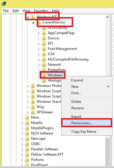 گزینه Permissions روی کلید Windows