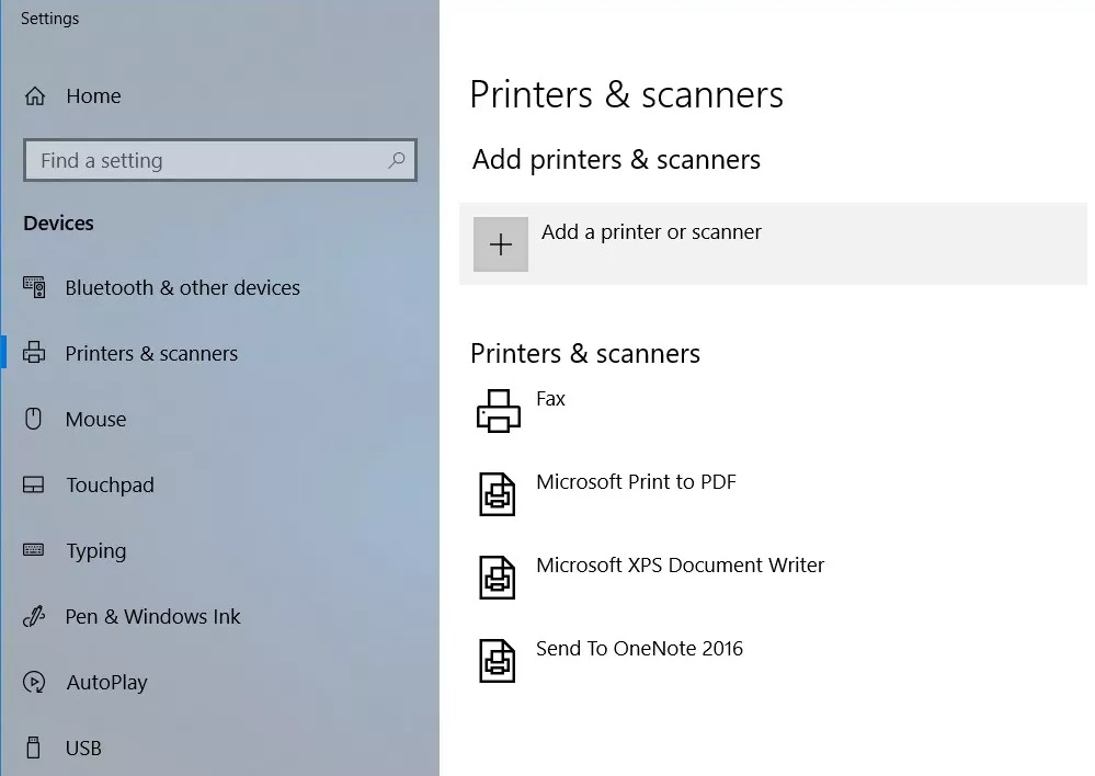 صفحه Printers & scanners و دکمه Add a printer or scanner