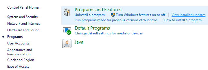 لینک View installed updates در Programs and Features